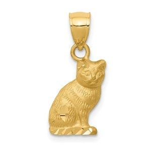 14k Yellow Gold Satin Finish Diamond-cut Cat Pendant
